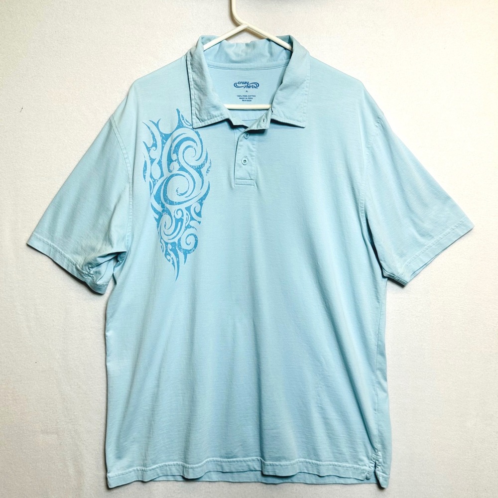 Crazy Shirts Polo Shirt Mens XL Blue Pima Cotton Tribal Graphic Short Sleeve